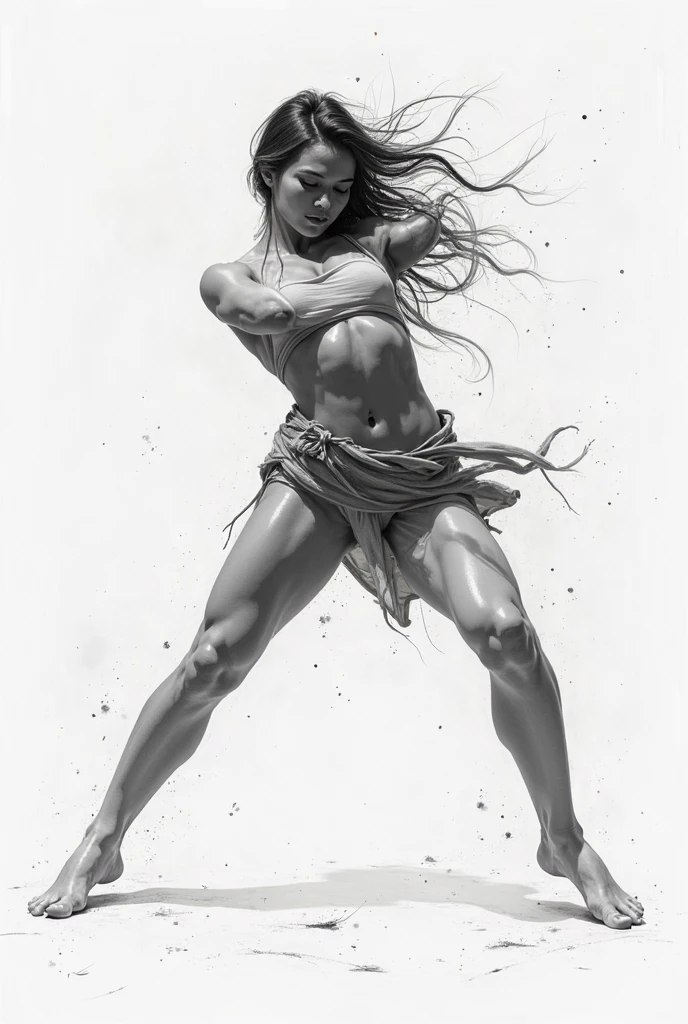 Graphite pencil drawing, 50yo Chinese woman, action pose, full body, without clothes, white background