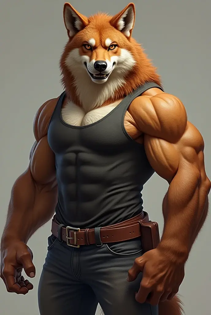 Make a furry caramel dog, with ears lowered, he is kind of muscular, he only wears simple pants, he has a wind rose tattoo inside his replacement eye, since he lost his eye