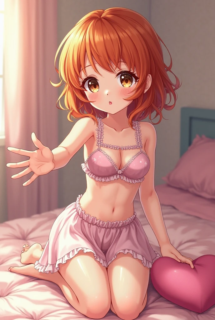 Short woman, curly and blonde hair, fire, coquette, with mini skirt, tender, anime in lingerie and a pink room in the background, without fire and with brown eyes and freckles more curly with underwear