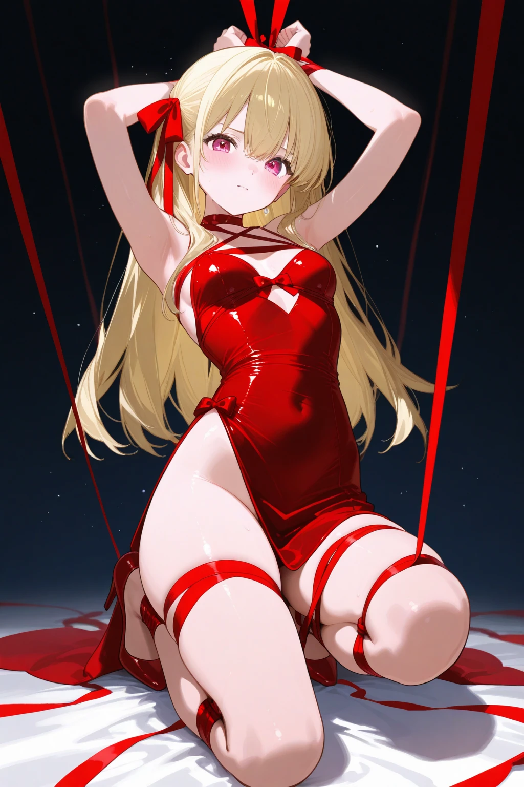 Shiny blond hair, loose hair, very long hair, sophisticated haircut, thin and oval face, very sexy and sophisticated transparent red dress, sexy blue latex suit, sexy black latex catsuit, thighhigh stockings, embarrassed, submissive, nervous smile, cute and blushing 18 years old anime girl, look away because she is embarrassed and blushes, bright blue eyes, detailed face, detailed members, detailed arms, detailed hands, ((((sparkling diamond jewelry)))), tiara, ((makeup)), high heels, puffy sleeves, long gloves, long eyelashes, ((((shiny red transparent dress)))), Girl lying, tied by ropes, shackled, can no longer move, tied tightly, very hard tied up with lots of ropes, hampered by so many ropes that she can no longer move, bound hands and feet, ropes tie his whole body, tied extremely tightly and forcefully to her bed by a lot of ropes, its limbs are strongly tied together by ropes, his torso is tied up with thick cords, her chest is so tied up with ropes that it sticks out, her legs are tied tightly with thick ropes, his hands are tied behind his back with ropes, she can no longer move her feet, her hands which are tied by thick ropes, she desperately tries to free herself, likes to be tied tight with big ropes, likes to be immobilized by big ropes, lying down, his hands and feet are strongly tied to the railing of his bed, his legs are pressed together and tied with ropes, its limbs are held vigorously by imposing ropes, her hands are tied securely behind her back by ropes, her chest is compressed by strong ropes, she is pressed against her bed and restrained by large ropes (shibari, arms behind the back:1.4), (hands on the back), (masterpiece, best quality) 1.5, 1girl, solo, (sexy, beautiful woman, perfect face, perfect eyes, perfect hands), samus aran, black leather dress, kneeling, (shibari, arms behind the back:1.4), (hands on the back), Spread the legs, s'lie in bed by big ropes