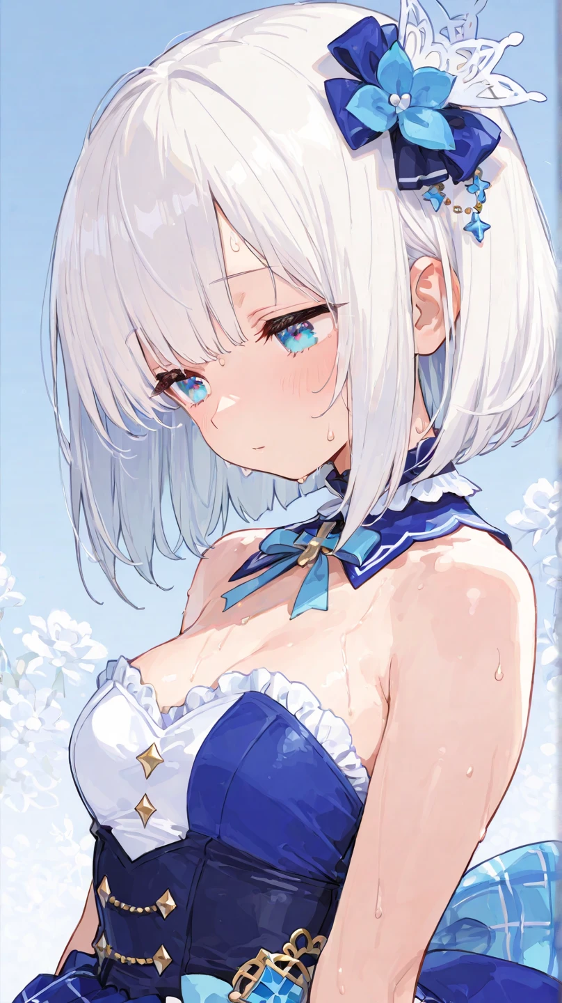Relatively relaxing background,Milky white short hair that reaches down to the neck,blue pupil,Two semicircular necklaces with yellow edges and milky breath,Wearing a magic that combines white and blue.,She is a beautiful anime style, Faynite-like anime style, Clean and meticulous anime style