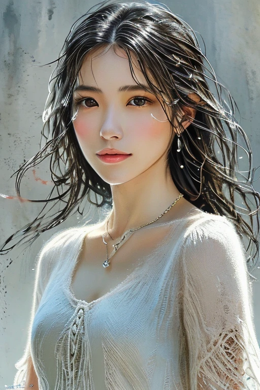 (bestquality、8k、A masterpie:1.3)、beautiful a woman、1 female、(s chest、Attractive body:1.2)、abdominal muscles:1.1、Dark Brown Hair:1.1、(rainy wet、Wet in the rain、Wet body:1.2)、ultrahigh-Detailed face、detailed lips、detailed eye、Double eyelidd