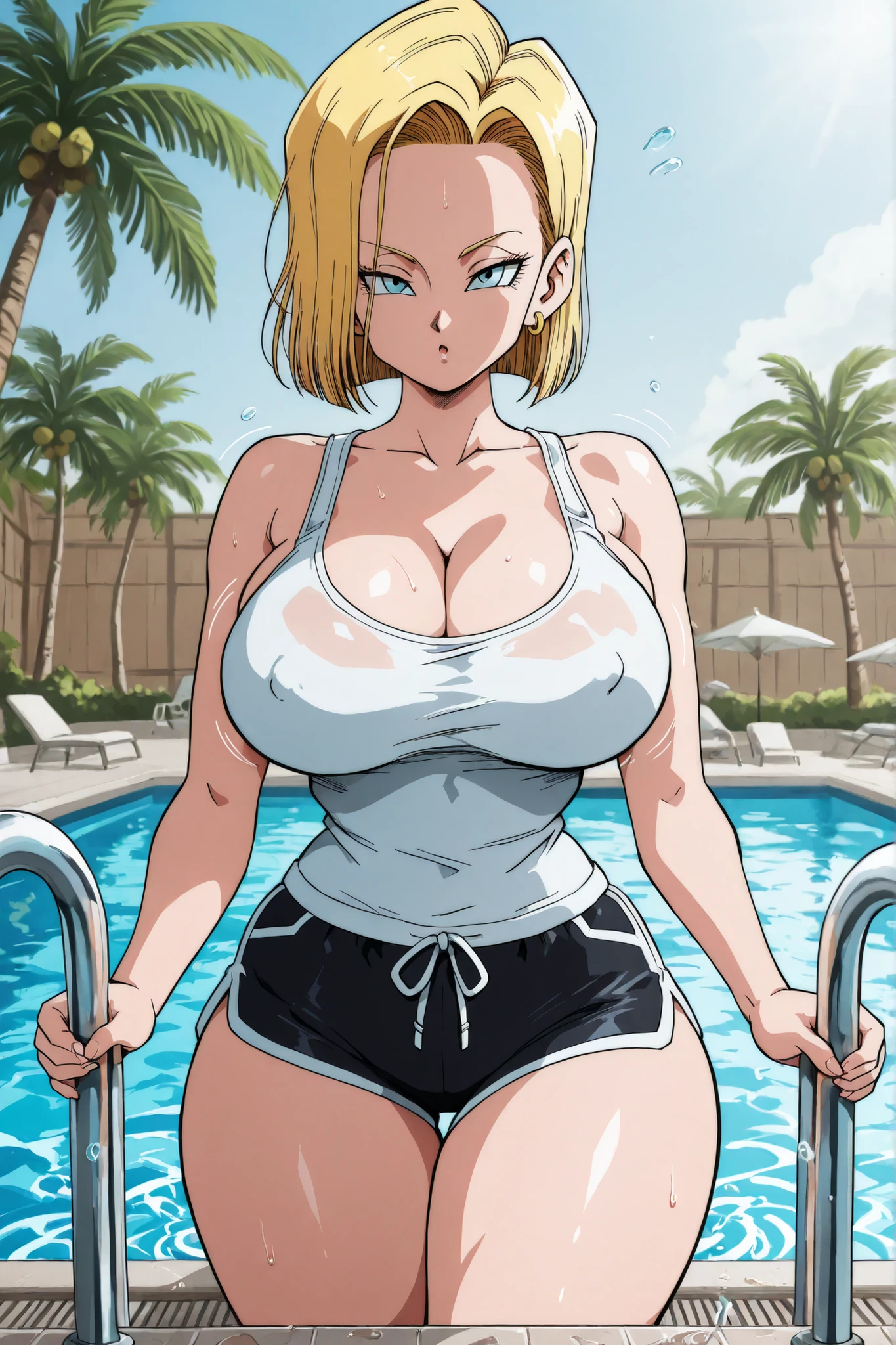 Highly detailed uncensored hentai anime-style yamamoto doujin illustration. Android 18 (short blonde hair, thick thighs, super big breasts are bouncing, white tank_top, black 'dolphin shorts' style sports shorts with white trim, , thick thighs, super big breasts, slowly comes out of the pool in a sensual and confident manner, her expression is confident and seductive, drops of water run over her body, Background includes a luxurious poolside setting with palm trees and reflections. Highly detailed, Yamamoto hentai art style, soft lighting,
fan-service composition.