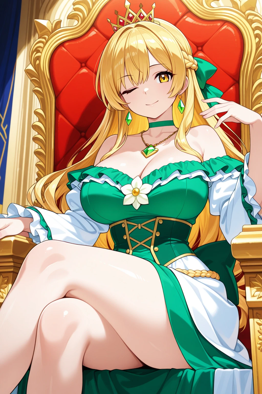 Big Breasts、Blonde、Shiny lime green sequin dress、Pink love hotel with dim lights、Wicked Smile、Lightly open your mouth、Evil female executive、adult、Married Woman、slouch