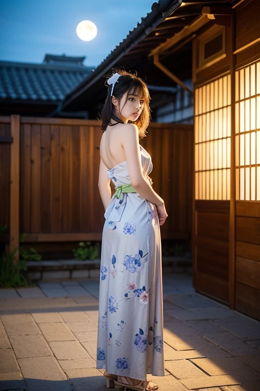 standing in a Japanese garden、Beautiful woman、Very large breasts、(looking at viewer)、nature、kimono、Japanese clothing、Details of the skin、real、Dim lighting、sunset