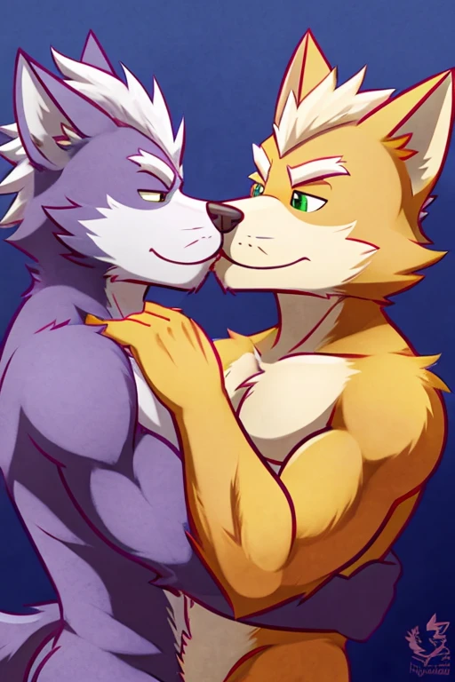 Tall, white, wolf furry, pinning a male shorter fox furry to the locker. Locker room. Both are shirtless, staring at eacother, eyelids relaxed, blush, in love, smiling. Both in tight underwear. (The fox furry is pressed all the way against the locker. Their bodies pressed very close together