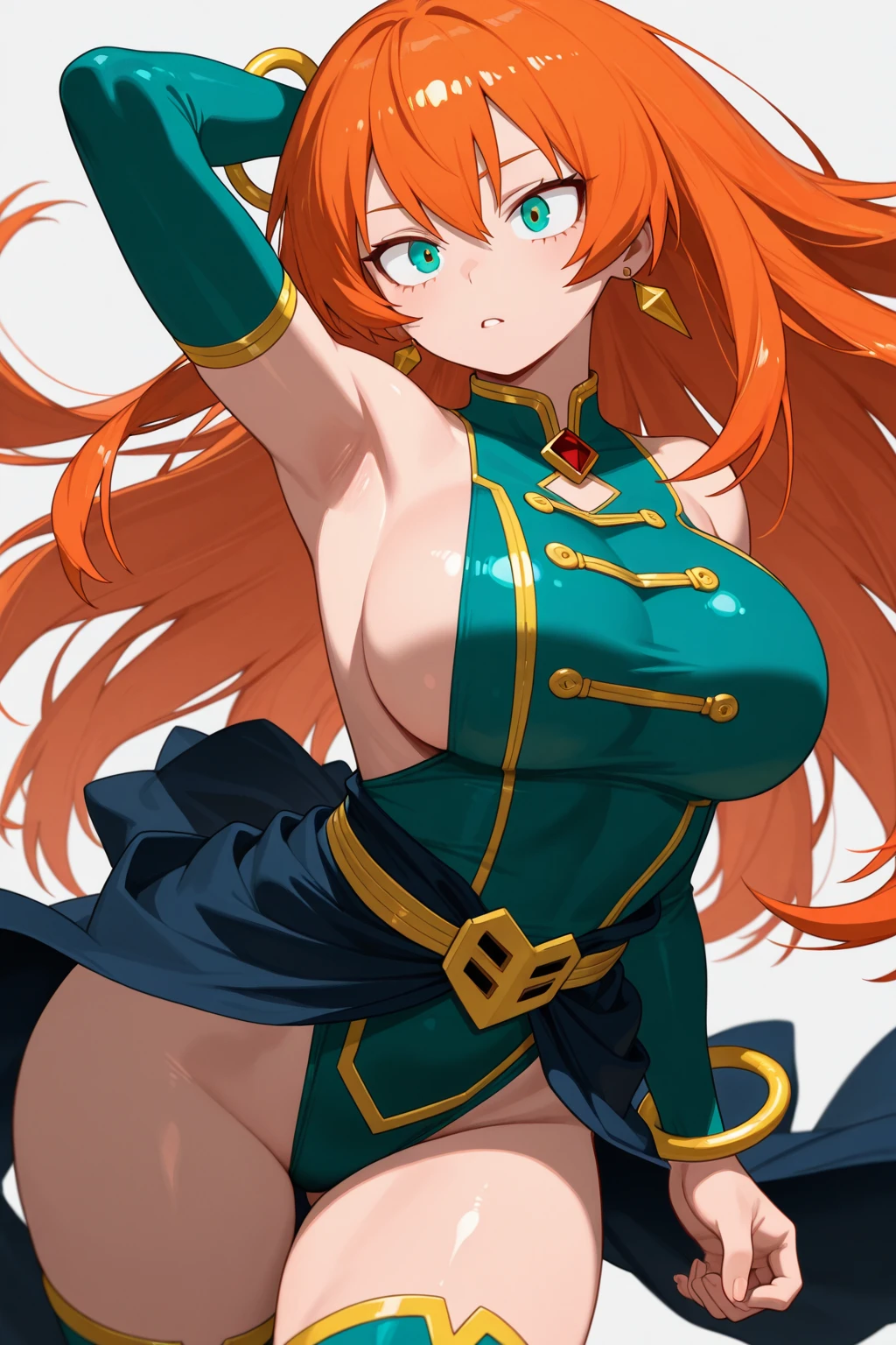 4k,High resolution,one woman,bright ginger hair,long ponytail,Bright green eyes,full portrait of elementalist,jewelry decoration,Navel exposed,cleavage exposed,jrpg character art, genshin impact, arms exposed,
