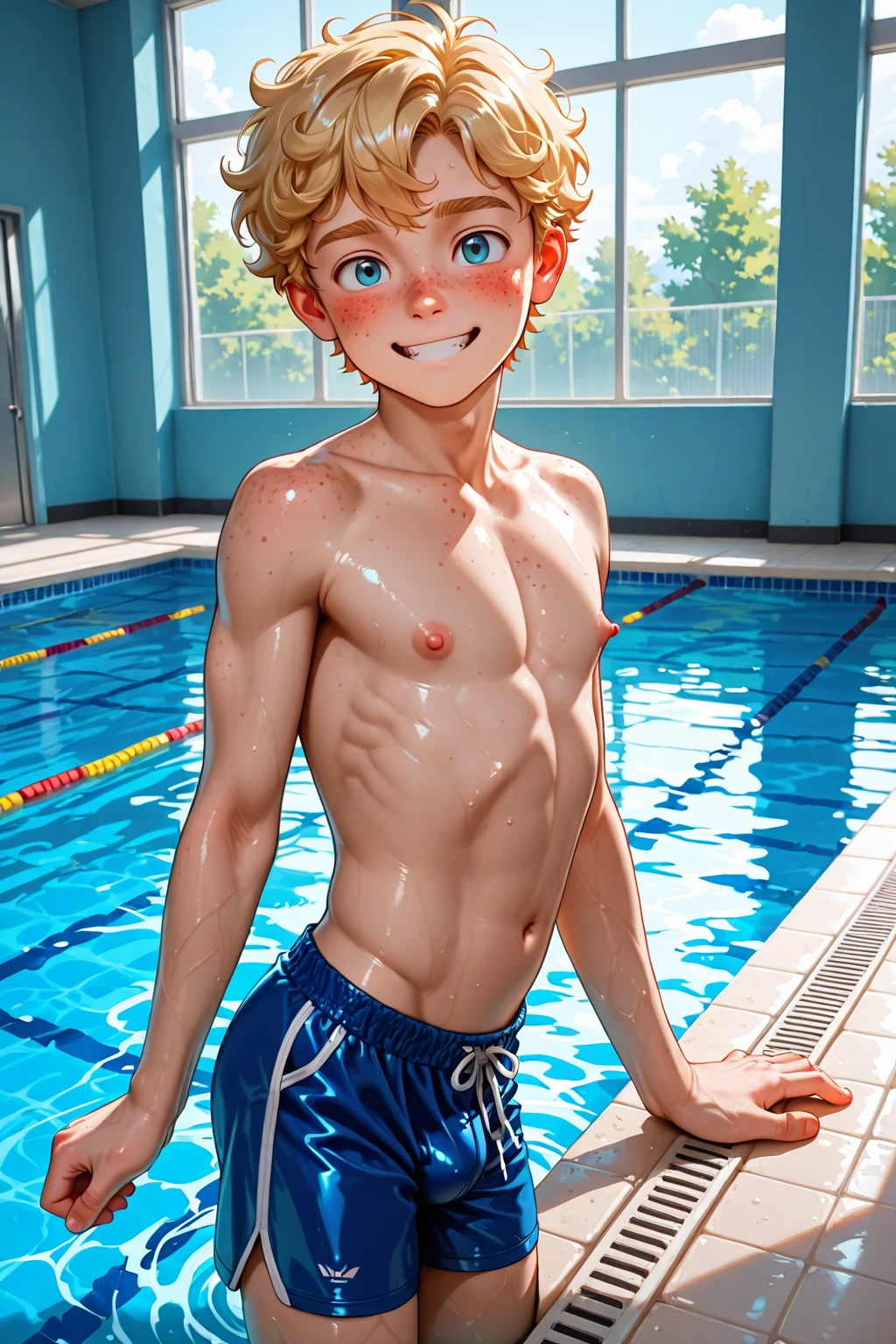 Male, slim, Cute, bright eyes, Short blond hair, in the bedroom, looks at the viewer, shy, naked male, nude male chest, upper body image, spread legs, dick, sexy, squatting, wet body, hands on hips, chubby male, hands on head, cum, excited smile, ass, back view, White socks