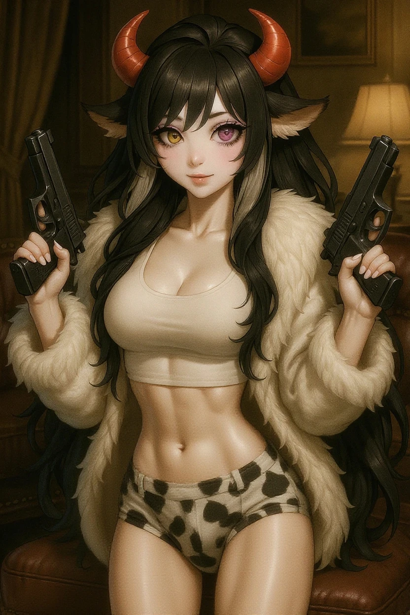 (Top quality, super details: 1.2), muscular body, toned body, abs of steel, anime style, cat ears girl, black hair, hair bobble, wince, long eyelashes, solid circle eyes, fake animal ears, light smile, ear blush, fangs, surrealism, cast shadow, anaglyph, stereogram, tachi-e, throw, atmospheric perspective, 8K, ultra-detailed, accurate, top quality, otherworldly.