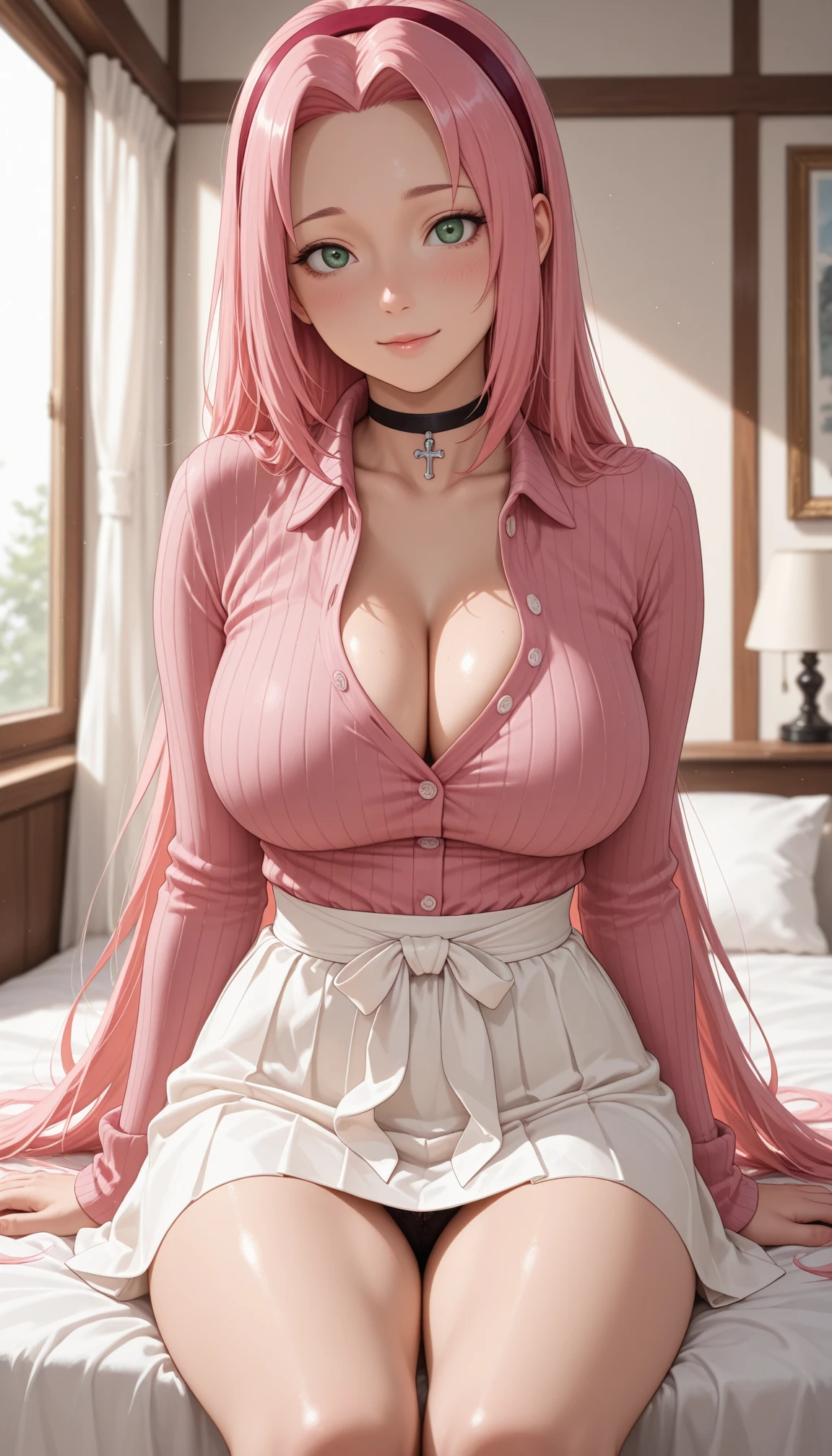 ((Top Quality、16K、​masterpiece:1.3))、a tall and beautiful woman、Perfect Figure:1.4、(dream aesthetic) Slim Abs, young girl (beautiful) solo, long voluminous pale-pink hair 、messy hairstyle (with hair bangs), turquoise-blue eyes, pale-white skin (highlighted, realistic shading),  No postural movement、Stand up straight、Huge bust、Highly detailed facial and skin texture、(A detailed eye, Symmetry Eyes, Clear realistic eyes, Double eyelidd、Cold-stricken face、Symmetrical face), very  realistic skin, goth makeup, Royal sisters full of fans、The Telegraph Esbian、peach buttocks, white shirt, black skirt, black tights, cleavage,  squart、(Raw foto:1.2)、((Photorealcitic:1.4))Top Quality、​masterpiece、Real Photography、very delicate and beautiful.、super detailed CG、Unity、8K photo wallpaper、delicate detail、best qualtiy、Highly detailed CG unity 8k wallpaper、absurderes、Incredibly Absurd、huge file size、extremely highly detailed、Hight Resolution、ighly Details、Beautiful detail girl、extremely detailed eyes and face、beautiful delicate eyes、Facial light、cinematic lightings、(big hips, thick thighs, beautiful legs, black pantyhose) 1girll、see -through,Watch your audience, Plane Air, high ponytail、ulzzang-6500、The Telegraph Esbian, different poses at different angles,