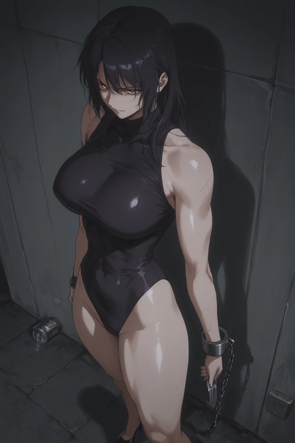 8K,master piece,Suguha Kirigaya,black short hair,beautiful face,(angry face:1.3),(clench one's teeth),dress,covered nipples,choker,breasts,leanbody,slim waist,