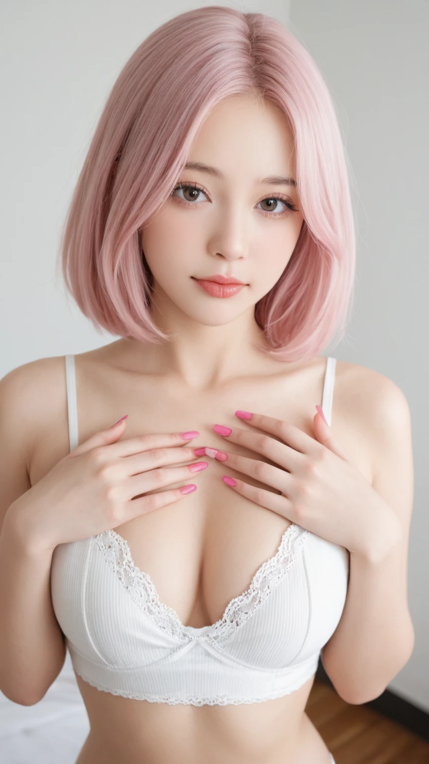 //title, She is a sexy specialty announcer. She reads her manuscript with a sexy expression on her face, opening her bosom to show her bra at all times. //quality, Realistic photos, (best quality:1.5), (Surreal:1.2), (High resolution:1.5), (upper body shot:1.2), RAW Photos, (4K. 8K High-Precision Images), Detailed Texture, Sharp focus,Super detailed, //character, A beautiful girl, 18year old, (beautiful Japanese girl:1.2), (Very large breasts:1.4), Great cleavage, (Perfectly tight waist:1.2), Great abs, (pink_color hair:1.2), medium hair, (blue Eyes:1.2), (plump lips:1), //facial expression, (Smily:1.2), (aroused:1.1), (Sexual climax:1.1), (orgasm face:1.1), (Open mouth:1.4), (half close eyes:1.2), (Look at me), //Posing, (Read the news to the camera). sitting on the chair, //fashion, ((White_collar shirt:1.6)), (black_lace bra:1.2), (open-collared shirt), show one's bra, //Fetish, public indecency, //background, (TV show studio), (Fancy studio set:1.4), (microphone:1.6),