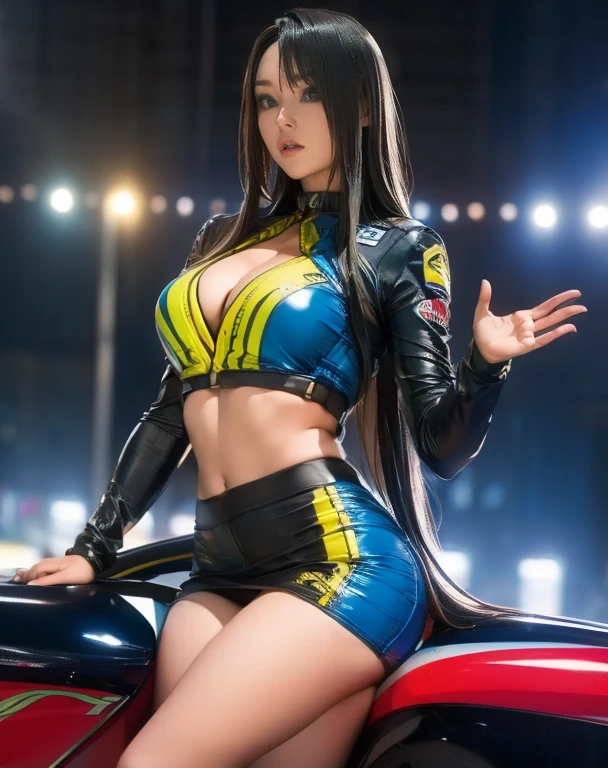 arafed woman in a yellow jacket and black latex sitting on a car, senna from league of legends, silk spectre, barbara hammer 4 k, sportscar, very sexy pose, racecar, 8k hq, yellow and black, sexy girl, sexy pose, wearing atsuko kudo latex outfit, sportcar, black and yellow, racy