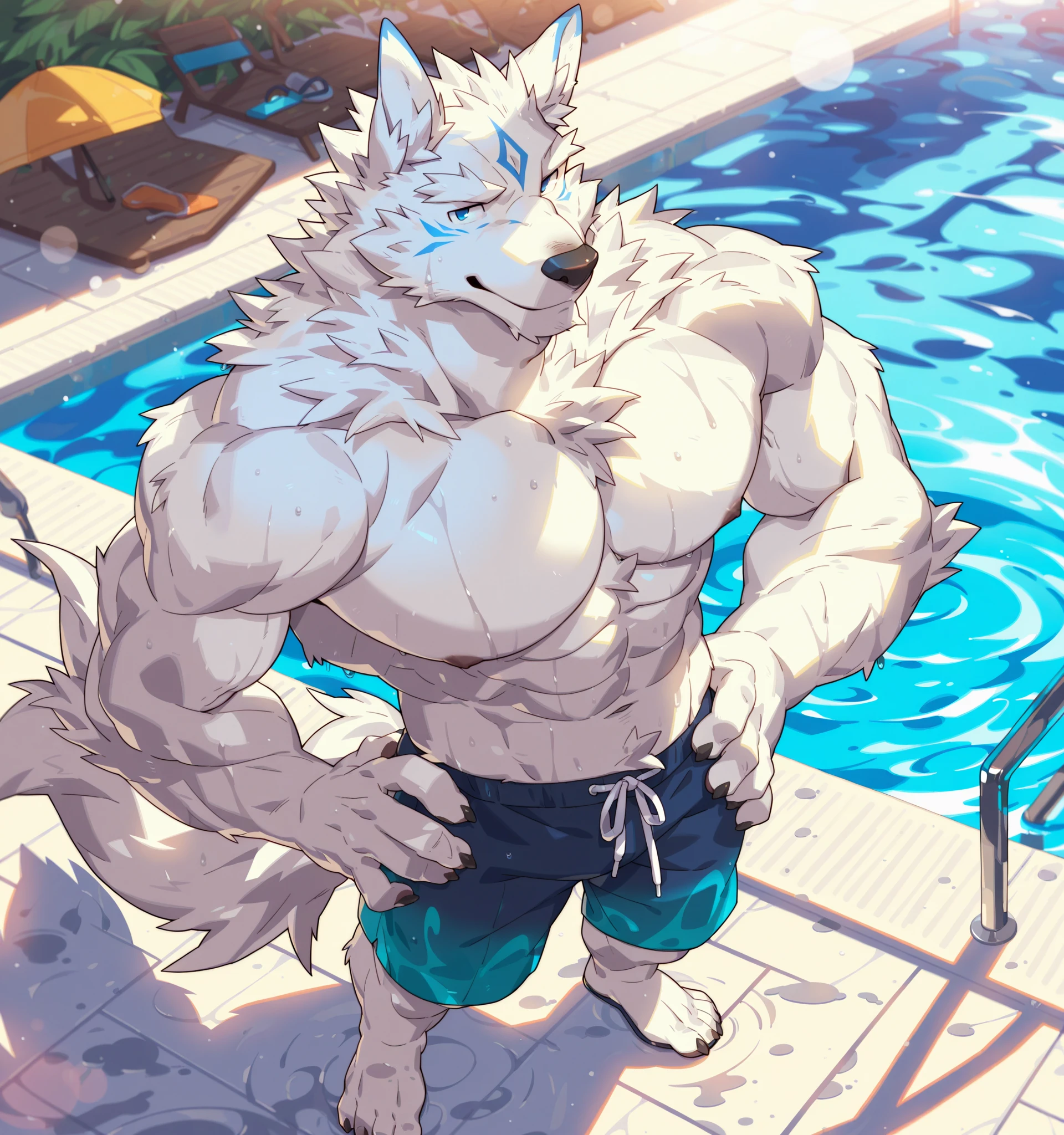 masterpiece, best quality, perfect anatomy, perfect lighting, 4k,
monomasa,
by t.y.stars, by canyne khai, (by drks:0.3), (by Pino Daeni:0.6),
furry, wolf, husky, solo, male, green pupils,
abs, translucent, swimming trunks, (sun visor:1.2),
waving, looking at viewer, open smile, black pawpads,
seaside, detailed background <lora:monomasa2-000005:1>