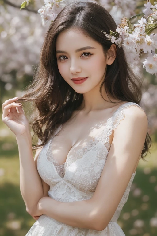 beautiful girl, Slender face, Beautiful sharp eyes., long hair, model face, Beautiful makeup, 18 years old, Wearing sexy white lace lingerie, ((big breasts)), white skin, ((In a field of white flowers)), Very high detail, ((act sexy)), ((Portrait)), (Realistic breast), (wearing flower earrings)