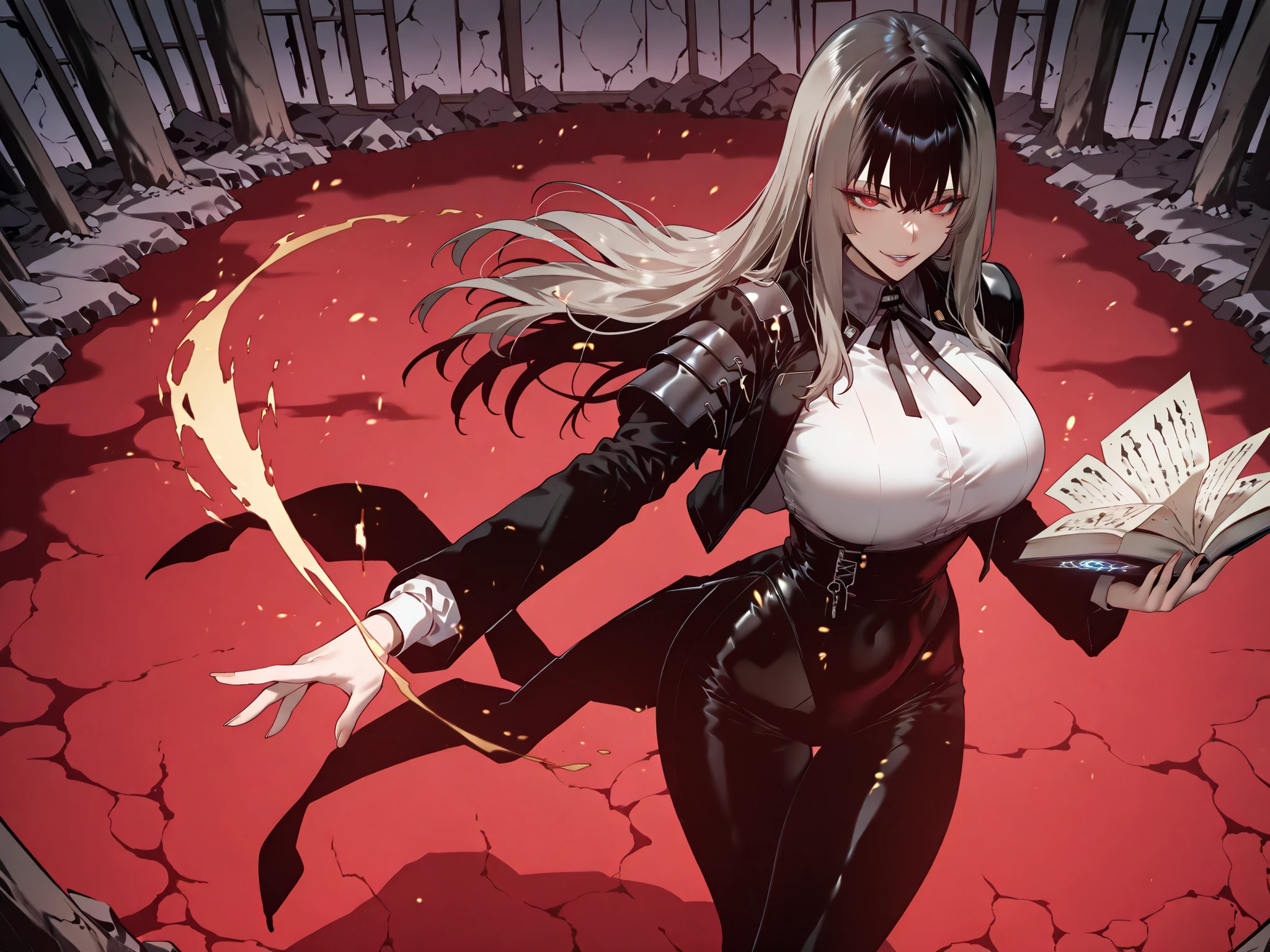 Ball of Light、雷magic、taken from above、caveの中、Ruins、black suit、black longsuit、 black long jacket、ゴスロリなshirt、Depressed、Tall Woman、A woman in her thirties、 Alassah's woman、Steins;Gate、 black longsuit 、score_9, score_8_up, score_7_up, Source_anime,masterpiece、No expression、no makeup、top quality,beautifully detailed eyes in a logistics warehouse, Exquisite Eyes、A sophisticated eye、highly detailed eyes and faces,unmotivated expression、lethargic face、 long breasts, Black Jacketを羽織る、Black Jacket、shirt, big saggy breasts, shockingly big breasts, big breasts,big boobs、boobs 、Zitoida, makeup、no makeup、long hair、smooth straight hair、black slacks、tall woman、Tall Woman、plump thighs, parted lips、 shining eyes,(Fire Aura Onkown),dungeon内、Crimson Eyes、long hair、dark haired、黒い髪、Long Straight Hair、dungeon、cave、Ruins、solo、soloプレイヤー、Wide ass、beautiful butt、and stick your butt into the focus of your butt、long boots、Shoulder Armor、Fearless Laugh、strong、Is confident、suit pants、黒いlong pants、Black Skinny、long pants、Dynamic、Satu、fight、Satu狂、俺だけレベルupな件、arrogant、 Confidence々The smile 、bewitching smile、Sadist、Satu中、hunting、hunting、intimidating、magic使い、magic、Spell Book、magic、Spell Book、magicの本、Floating Book、floating book、Pearl of Light、Light Ball、 Floating Books、Flying Book、左手にmagicの玉、plasma、plasma球、Glowing sphere、Flying Book