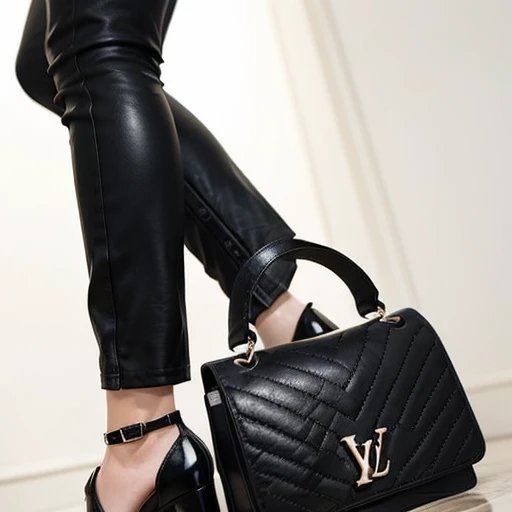 21-year-old girl, brunette, with wavy hair, wearing sexy Louis Vuitton tights