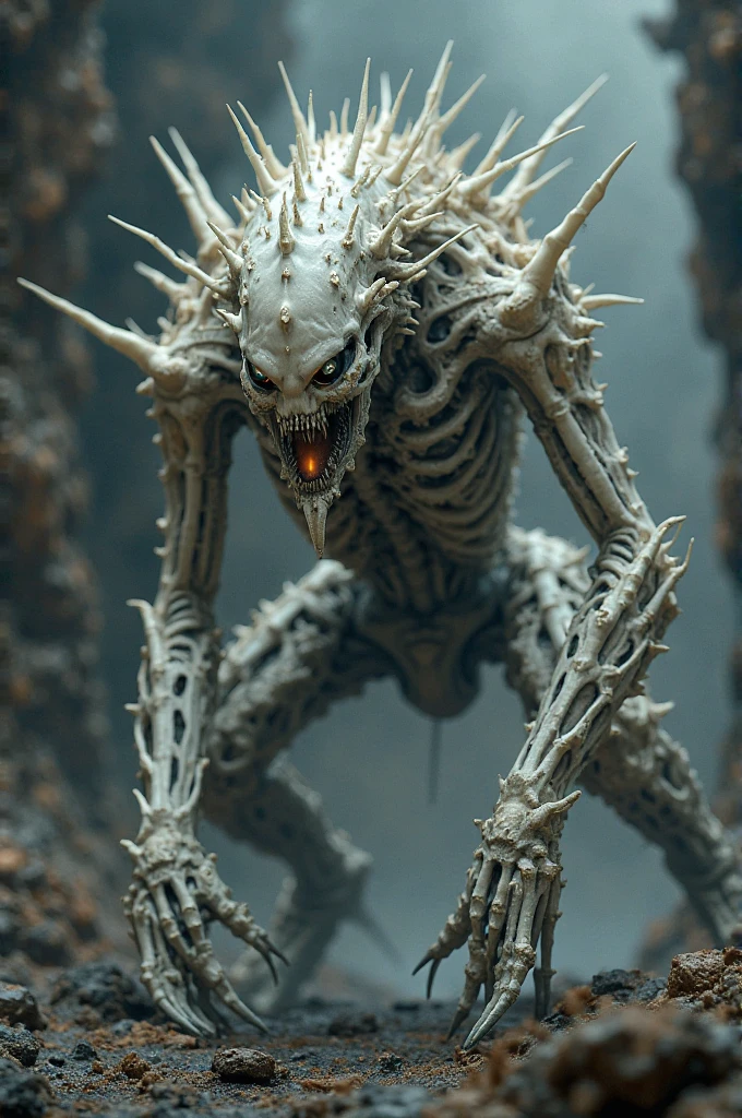 ((best quality)), ((masterpiece)), (detailed), an alien creature, humanoid, gigeresque, pale, milk-white skin, translucent skin, smooth skin texture like a dolphin, no hair, round head, (bulbous head), (xenomorph head), (no eyes), (smooth face), (bright prominent gums), (a long tongue, like an elephant trunk, coming out of the mouth with a squid-like beak at the tip), (protrusions along a skeletal ridged back), (breathing holes on the chest), a tail that splits into three tentacles, long skinny arms that it walks on, where the legs would be is another set of arms that are used for grabbing, H R Giger, Clive Barker's The Thing, xenomorph, necromorph, predator, Engineer, sci fi horror, cosmic horror