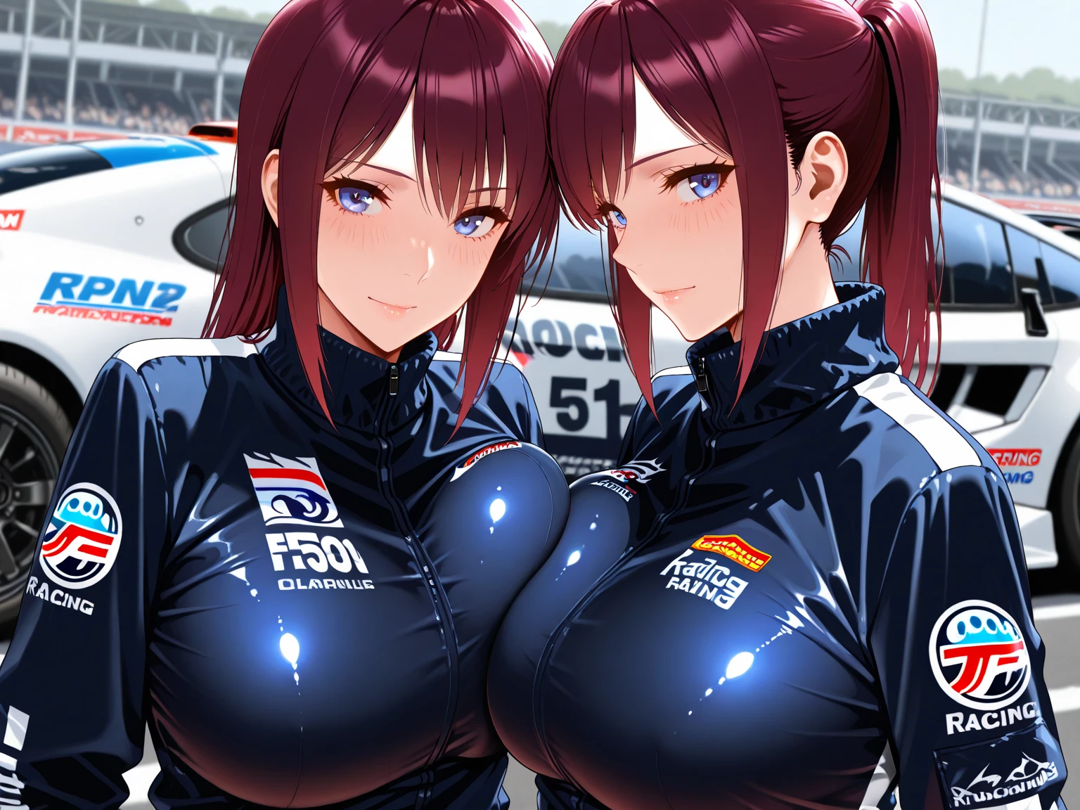 (masterpiece:1.2, highest quality), (Realistic, photoRealistic:1.4), Beautiful illustrations, (Natural Side Lighting, Cinema Lighting), avert your eyes, (Cowboy Shot), ((2 girls), (Lacus Clyne & Murrue Ramius)),Grid Girls, 40 years old, (((Mature Woman))), (Beautiful anime faces), Japanese, Perfect Face, Perfect Anatomy, Symmetrical cute face, Shiny skin, Blunt bangs, (Intense glowing purple eyes:1.3), Beautiful Hair, Beautiful Face, Beautiful clavicle, Beautiful body, Beautiful breasts, Beautiful thighs, Beautiful legs, Beautiful fingers, (Perfect Face, Perfect Anatomy), (Two legs, Five Fingers), ((Grid Girls, Racing Suits, Race Queen Costume:1.3. White, pink and purple high leg leotard with sponsor logo:1.3, Shiny arm covers:1.3, Shiny knee-high boots:1.3)), (Beautiful views), Written boundary depth,((Tall Woman), (Slim figure), (small breasts directed upwards)), (Randomly change obscene poses:1.3), ((A small remote vibrator is attached to her pussy:1.1), (Intense orgasm:1.1), (Embrace、Love Each Other:1.1)),
