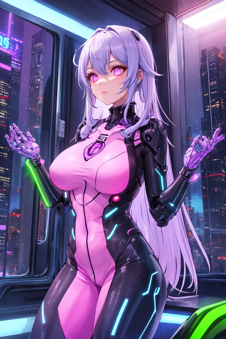 One Girl (masterpiece, round_iris, very crisp crystalline shiny purple eye, perfection_???????, very_attractive_Hypnotic_Mysterious_eye, ) perfection face, Long pink hair, Malicious smile, Big Breasts, robot, robot outfit, cyber punk, city, highest quality, 4K