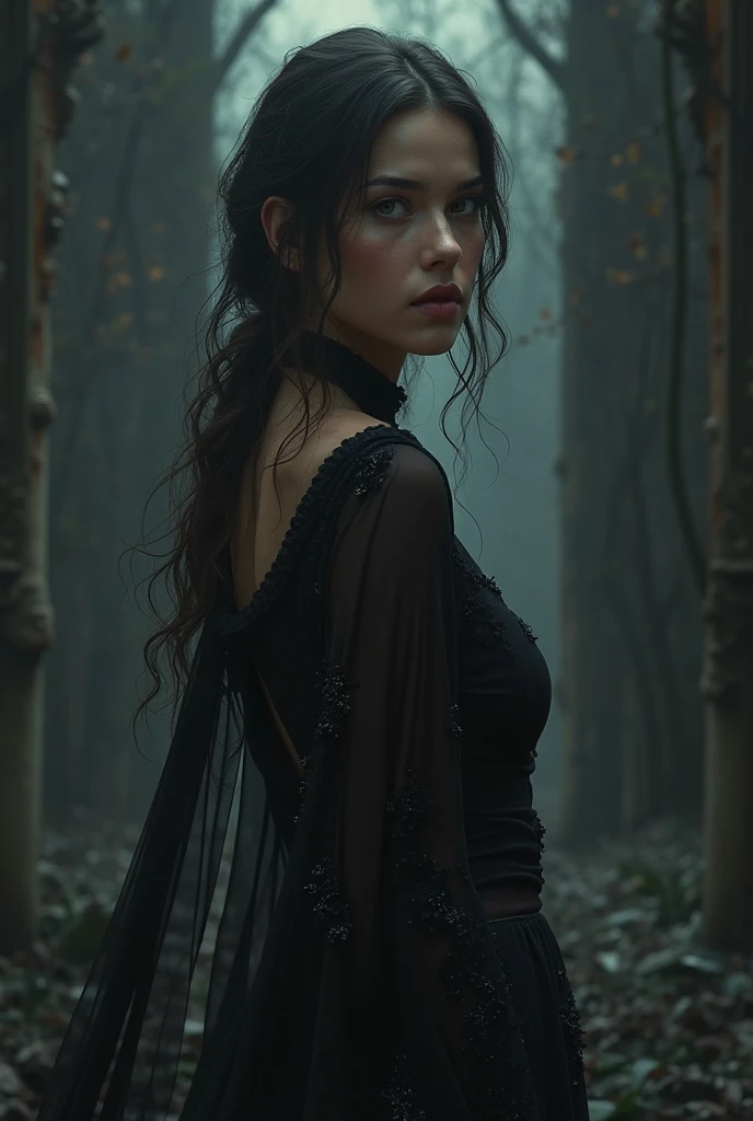 Uma bruxa misteriosa, Bumbum perfeito, roupas mais sexy, energia do caos multicolorida, Standing in a dark forest of barren trees, brilhando com uma energia poderosa. Realistic, fotografia realista impressionante, 3D-rendering, octan render, intrinsecamente detalhado, cinemactic, trending on ArtStation, isometric, Centered hipereallistic cover photo, awesome full color, Hand drawn, Escuro, corajoso, muito, Klimt, erte 12k | |, High definition, cinemactic, Neoprene, vencedor do concurso behance, Retrato em destaque no Unsplash, Arte digital estilizada, liso, Ultra High Definition, 8k, Motor Unreal 5, Ultra sharp focus, Obras de arte intrincadas, Agourento, epics, TanvirTamim, trending on ArtStation, por artgerm, h. r. Giger e Beksinski, altamente detalhado, Vibrando