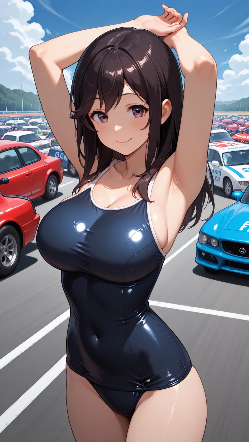 high resolution、Ultra HD、Best Quality、Top quality、Extremely detailed image quality、Realistic woman、A big smile、(1girl:1.8)、(looking straight:1.8), Japanese、Peaceful face、45-year-old woman、Married Woman、Plump body、belly button、Black Hair、long、Shiny skin、Skin that is very shiny after applying oil、High gloss skin、Facing forward、The whole body is reflected、(The road in front of the house:1.6)、walking、Woman wearing(The description of Competition swimwear:1.5), (One piece swimsuit:1.2), (High leg swimsuit:1.2), High leg panties, (Bursting huge breasts、Valley、Shiny skin、radiant skin、Glowing Skin、High gloss skin:1.4)、