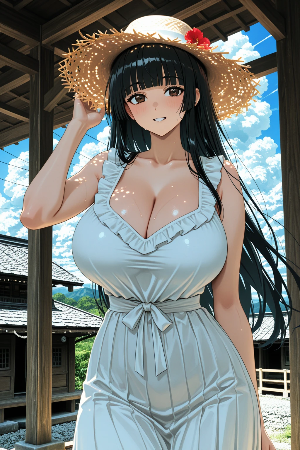 female, huge black rabbit ears, floppy black rabbit ears, dark skin, black hair, very long hair, ((huge breasts)), thick thighs:0.4, happy smile, black eyes, abs, cleavage:0.3, heaving breasts, close up, black rabbit tail, sweat, white sundress, pregnant, earring, house porch, sunny, children
