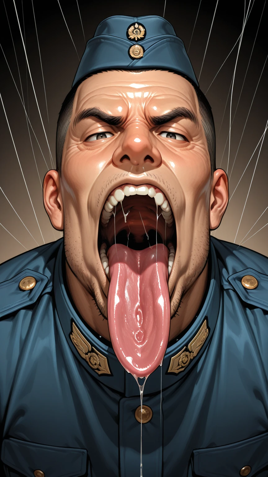 Super muscular boar beastman,Wear a uniform,Blindfold,A desperate and painful look,Mouth wide open with tongue sticking out,Getting cumshot in the face by some guys,(Surrounded by huge, red and black erect penises),(A large amount of semen all over the face:1.3),Head grabbed,mouth opener gag