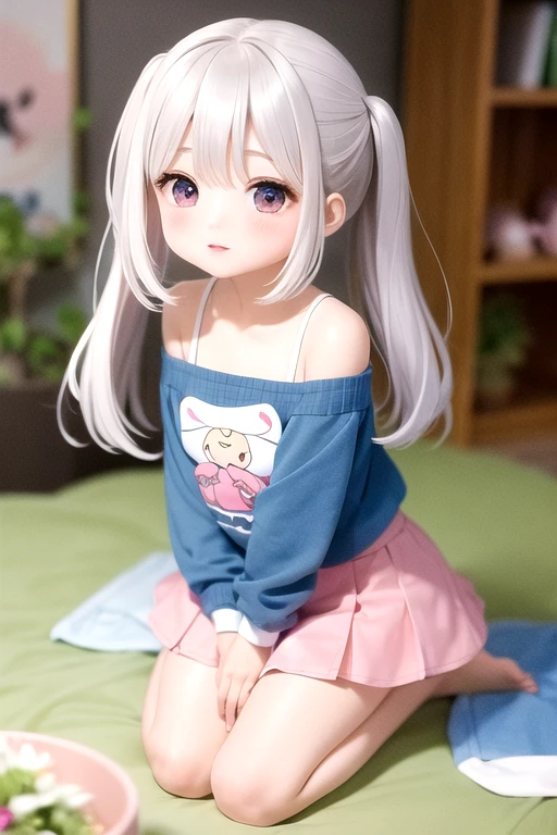 photo of a cute young woman (oversized white t-shirt, kneeling, open legs, arms behind back, Pale white skin, white long hair) on a bed, stuffed animals in the background, depth of field, fisheye lens from below, extremely detailed, Who reads these anyways as I just see people complaining about It doesn't work when I copy paste