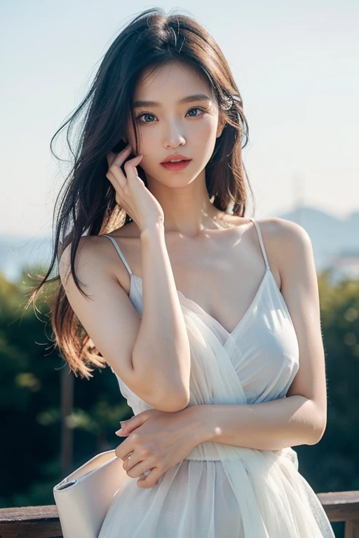 best quality soft light, ultra high RAW photo, 1 korean girl, solo,detailed beautiful face, (big chest),(high resolution detail of human skin texture), (long hair),outdoor,white long Dress, (portrait)big eyes,small lip,slim body,blocking the sun with hand in face