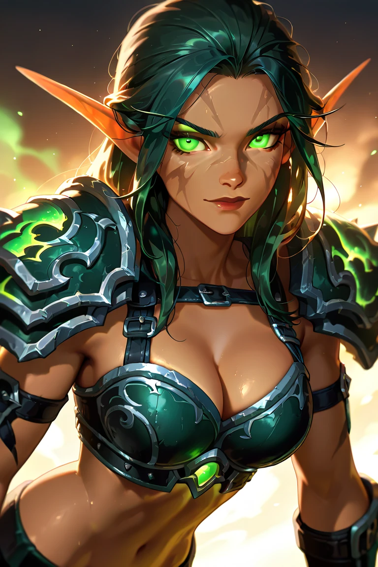 Final Fantasy game theme. Image of a 2 Violet haired elf standing holding her favorite sword,huge perky breasts, wide hips, narrow waist, perfect big glutes,golden bright glowing eyes, lond dark purple hair flowing with the wind,sunset,golden hour, perfect composition, He wore light armor in dark green and gold.,dramatic tones.A masterpiece with the highest resolution. , Surrealist image type