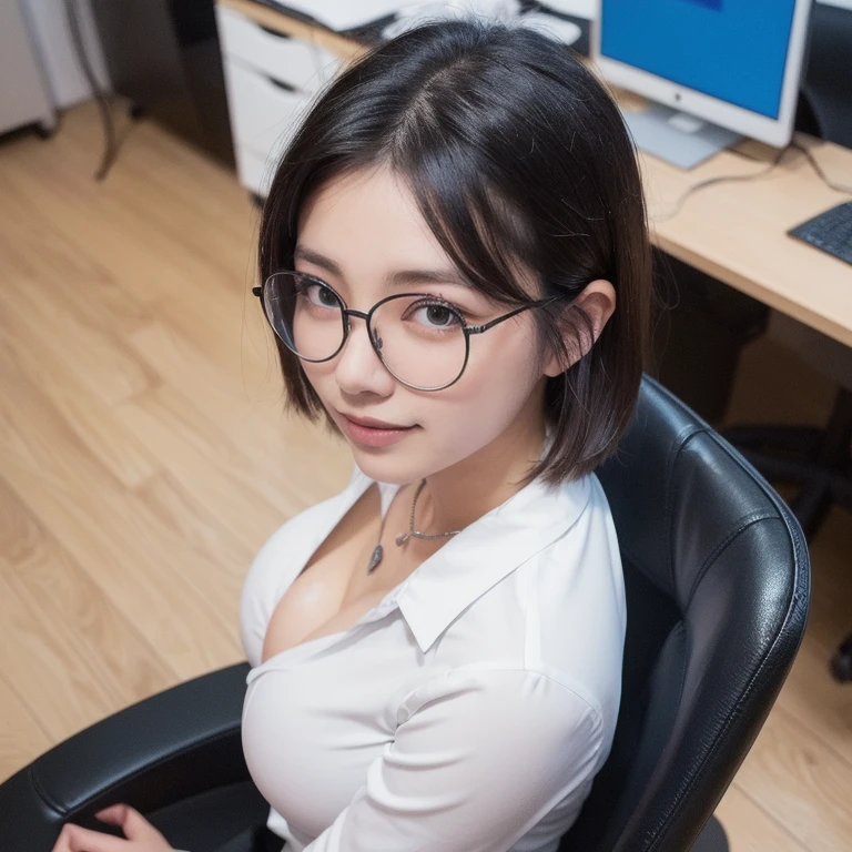 (Japanese girl concentrating on her work、Staring at the monitor、Working on a computer、Japan Office)、(Realistic、Like a photograph、Live Action、8K, Realistic, RAW Photos, Best image quality: 1.4), Single-lens reflex camera、RAW Photos, Highest quality, Realistic, Very detailed CG Unity 8k wallpaper, Written boundary depth, Cinematic Light, Lens flare, Ray Tracing, Realistic background、(Wear glasses、Sleeveless buttoned shirt:1.4、(Long skirt:1.5)、Big Breasts)、((ultra high density skin))、 Cute Japanese Woman、((whole body:1.5)，short hair:1.2、Short Ponytail、tie your hair with a hair clip、I like that style、stylish、Very detailed、Pay attention to the details、Perfect outfit、(Sunburned skin)、Side view、View from the seat a little far away