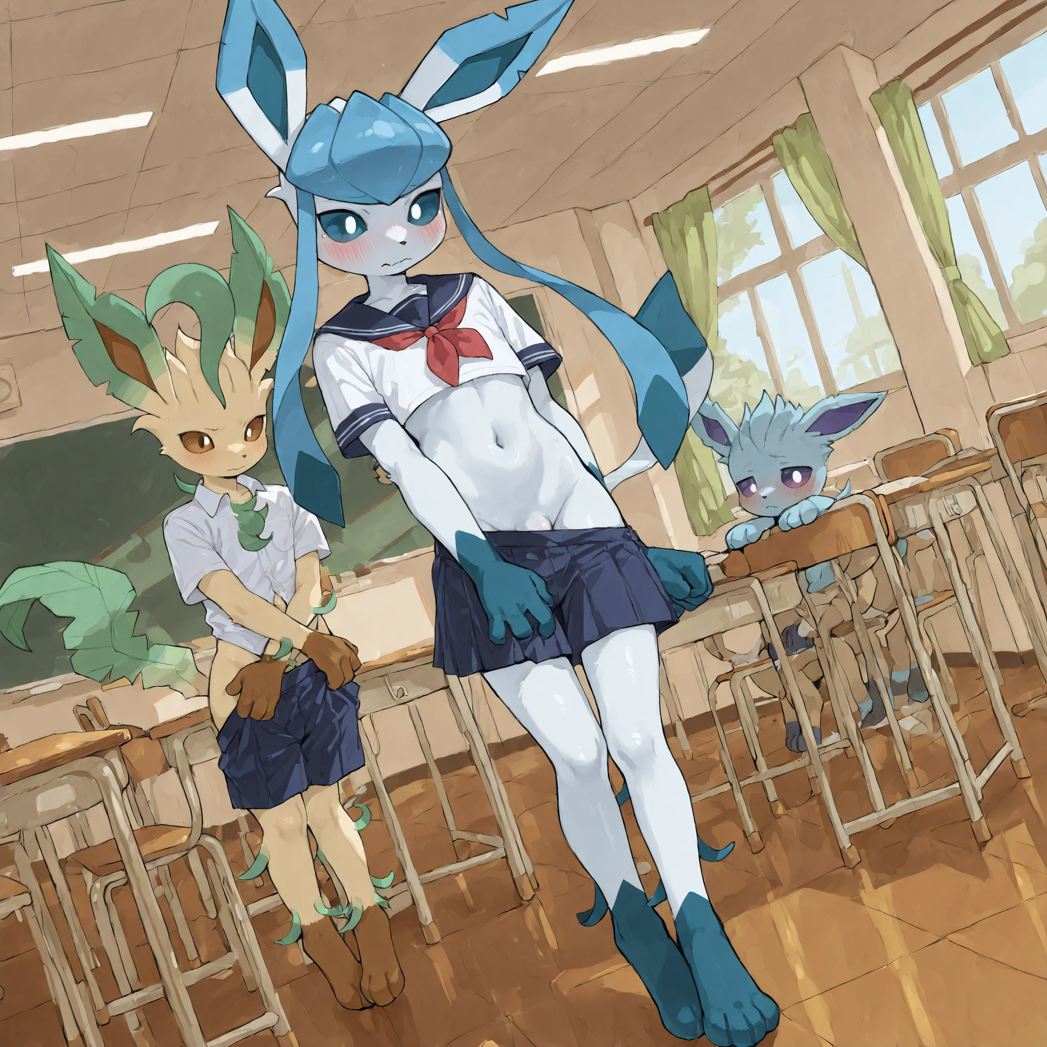 Two furry male cub boys, school boy uniform, casting off, navel, flaccid, embarrassed ,Anime style furry eevee, sexy hot cub boy, in the school room, very young, short stature, full body, dynamic angle, furry leafeon, furry glaceon , slender skinny boy body