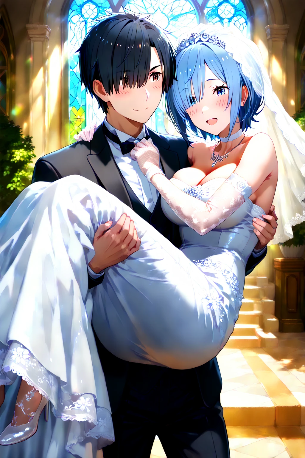(Wedding dress:1.5)、Wedding Veil,tiara、middle-aged man and high school girl、Best image quality、Beautiful legs、Short Hair Bob Cut、Light blue hair、Fluffy hair、Bright Blue Eyes、Big eyes、((Big Breasts))、Short sleeve、((老人たちはIの腕を掴んだ、I'Do not work.))、climax 、Open your mouth、Haa,((An old man tenderly caresses his lover'1.5))、kiss