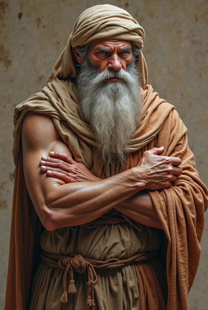 handsome man in his 40s with long gray hair and beard, he is naked, wearing some details of ancient Greek style clothing, gay man, photo shoot, god gredo