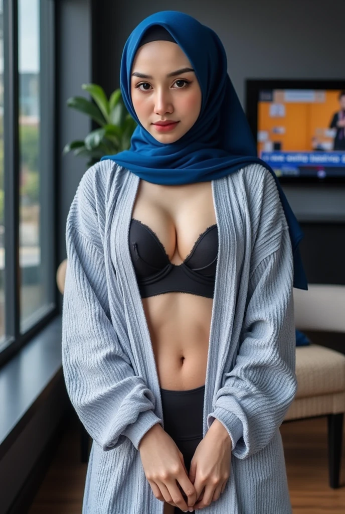 sexy malay girl standing pose and laughing in office, nighttime, wear hijab, wearing red floral hijab, tight white floral lace shorts and strapless bra, torn bra and shorts, laughing, open both leg,  body, short in high, small head, big breast, wide waist, thick thigh, short body, slim abs, big round ass, thick ass, thick leg, seducing pose, sexy pose, bright lighting, mole below eyes, skin spots, acnes, skin blemishes, age spot, detail skin texture, skin detail, skin wrinkle detail, dark brown skin, gold necklace,