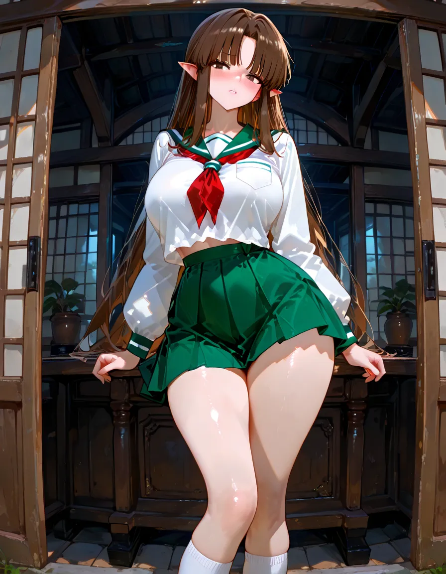 realistic image, coherent image, detailed image, 1 beautiful elf. She has long brown hair, tied up with a comb in the shape of a red flower. Red eyes, long eyelashes. Her face is oval and delicate. smiling. She wears a traditional t-shirt, a pleated mini skirt with lace, and long stockings that cover her legs. She has a curvy body, medium breasts and thick thighs. kneeling view from below. view from her thighs. surrounded by clothing fabrics, flower petals falling around. black background, uniform background,