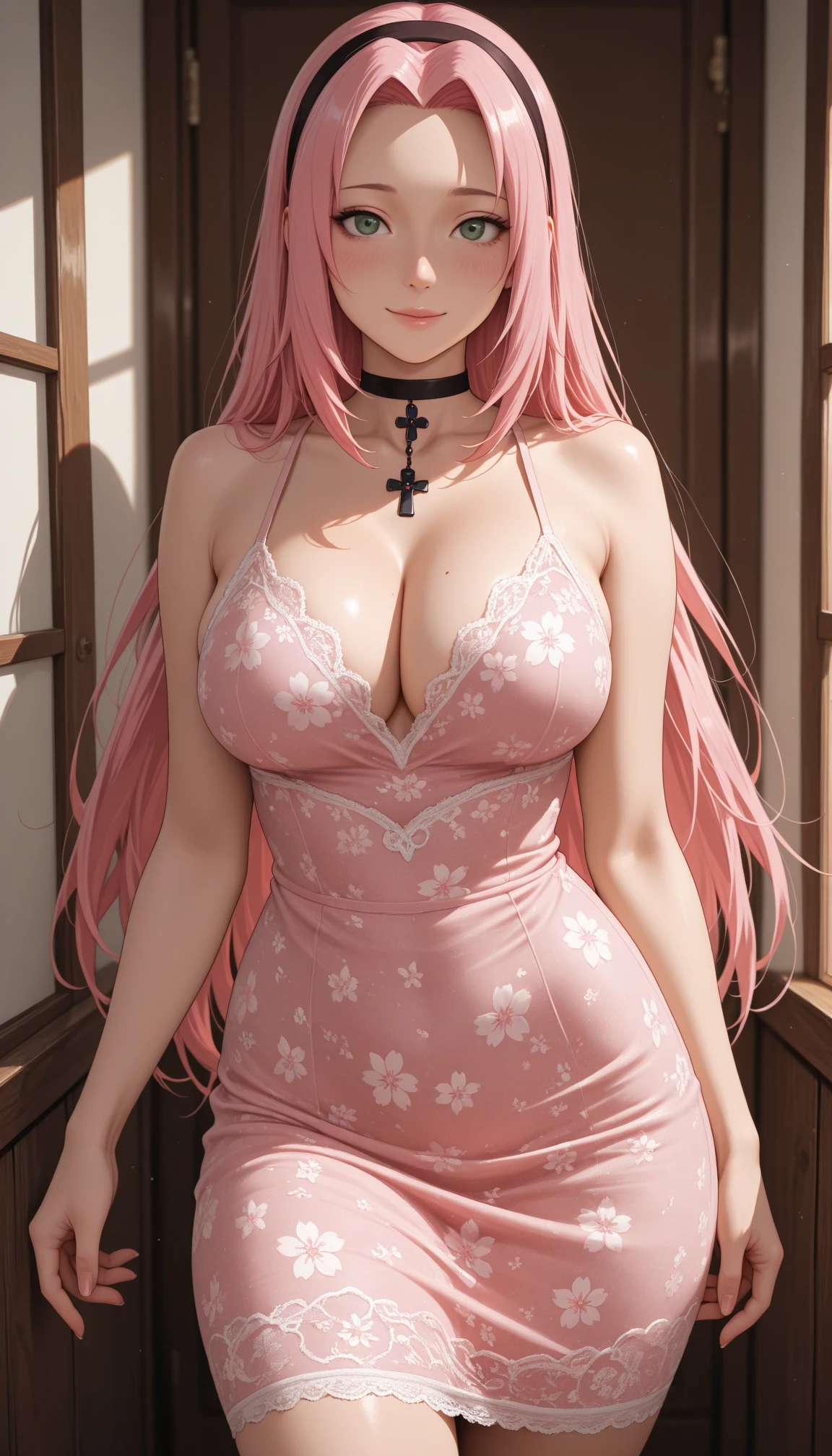 (Masterpiece, BestQuality:1.3), (ultra detailed:1.2), (hyperrealistic:1.3), (RAW photo:1.2), High detail RAW color photo, professional photograph, (Photorealistic:1.4), (realistic:1.4), professional lighting, perfect anatomy, (Big Breasts:1.2), (blush, detailed face), (cheerful Smile:1.5), (Pink Hair:1.5), Trending Hair&Trending Hairカラーをランダムに, earrings, necklace, bracelet, sexly, erotic sexly, Random sexy gravure poses, (Sexy fashion model、Smiling seductively on the runway in a tight mini dress。High heels and a dress with a slit are attractive。:1.3)