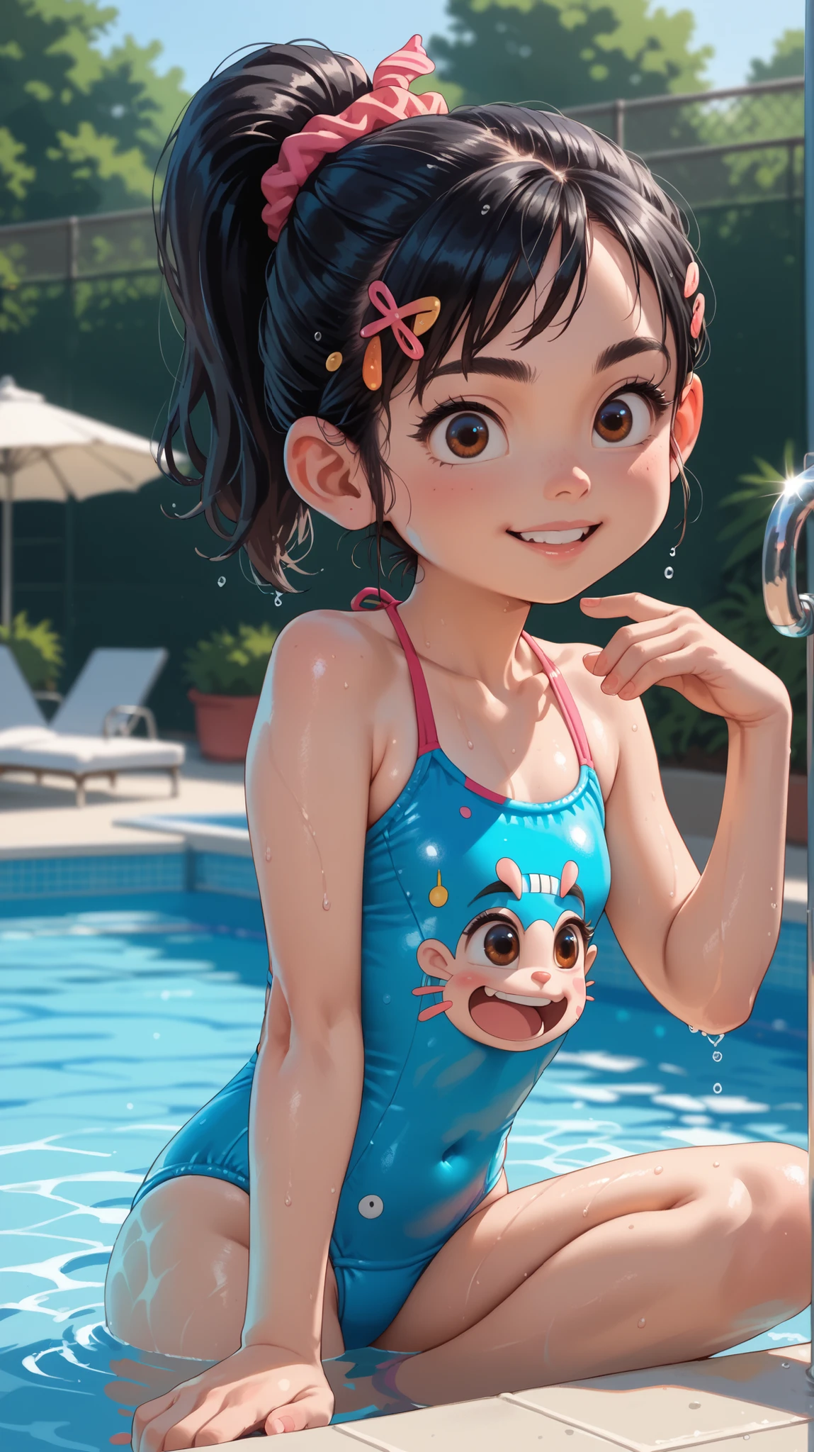 1 girl, VanellopevonS, 1girl, anime style, solo, black hair, hair ornament, hair scrunchie, swimsuit, small girl, cute, solo, bathing, hotel pool, miami, sfw