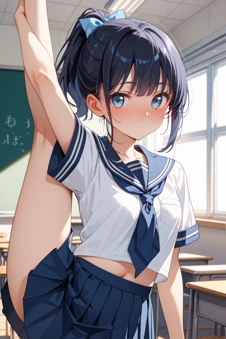 nsfw,alone, (One girl), Elementary school girl,8-year-old, ((White panties)), (wearing only the top half of sailor school uniform),sexy, (Cowboy Shot), ((Put your arms behind your head)), classroom, With a girl:Her hair is long and black, Her face is round and cute, Black Hair, Low twin tails, (Are standing),(Shy, Embarrassing),from below,from the front,(pussy juice),