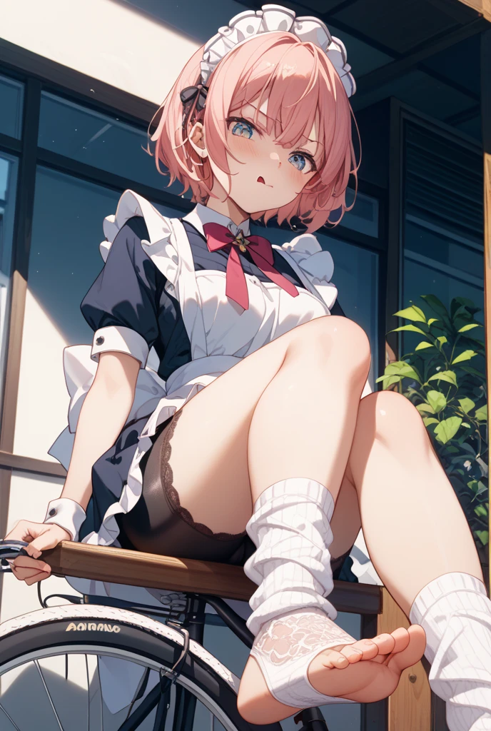mash kyrielight, (medium hair, pink hair, hair over one eye:1.7), 1girl, flower, breasts, gloves, large_breasts,  solo, sitting, black_gloves, wet, blush, sleeveless, thigh_strap, between_legs, wet_clothes, see-through, looking_at_viewer, hand_between_legs, bare_shoulders, rain, dress, skirt, white_flower, glow effects, godrays, Hand drawn, render, 8k, octane render, cinema 4d, blender, dark, atmospheric 4k ultra detailed, cinematic, Sharp focus, big depth of field, Masterpiece, colors, 3d octane render, 4k, concept art, trending on artstation, hyperrealistic, Vivid colors, extremely detailed CG unity 8k wallpaper, trending on CGSociety, Intricate, High Detail, dramatic
