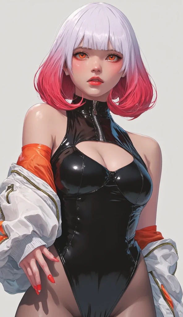 Red, pink, white, black, (blonde hair woman, accentuated super huge enormously gigantic tits with cleavage showing, sexy seductive slutty pose),tattoo sleeves, (harajuku inspired hip hop cyberpunk techwear kimono:1.1),abstract swirling graffiti patterns lines and circles background, cherry blossoms blowing in the wind