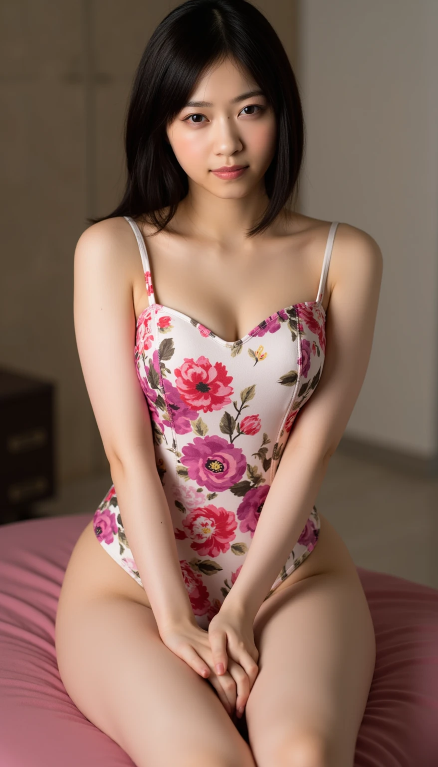 Dark brown hair、Light brown eyes、Japanese actress、 Lady、I am about 40 years old..、(Intricate details:1.2)、(Which one is on top??:1.4)、 (Ultra-high resolution:1.2)、Ultra-high resolution、(Finely tuned)、(Detailed facial features)、Hmph、8K resolution、D cup size breasts、Long Hair、Blocks sunlight and shade、A balcony with a resort feel、Pink flowers are decorated in the background、Pink flowers blooming in a resort area、Decorate your ears with deep pink flowers、white wall、white floor、Full body photo、Head to toe shot、Beautiful legs、white One piece with a wide open back、Blackpink Jenny 私 took this photo with the image of、Beautiful legs、she, Fashion Hub, Extreme Detail, Very detailed, Realistic, Hourglass-shaped body, Obscene pose、Lift your chin a little、Please open your mouth a little、Poses that make you feel weak、Are crying、Deep sorrow、Leaning weakly against the wall、
