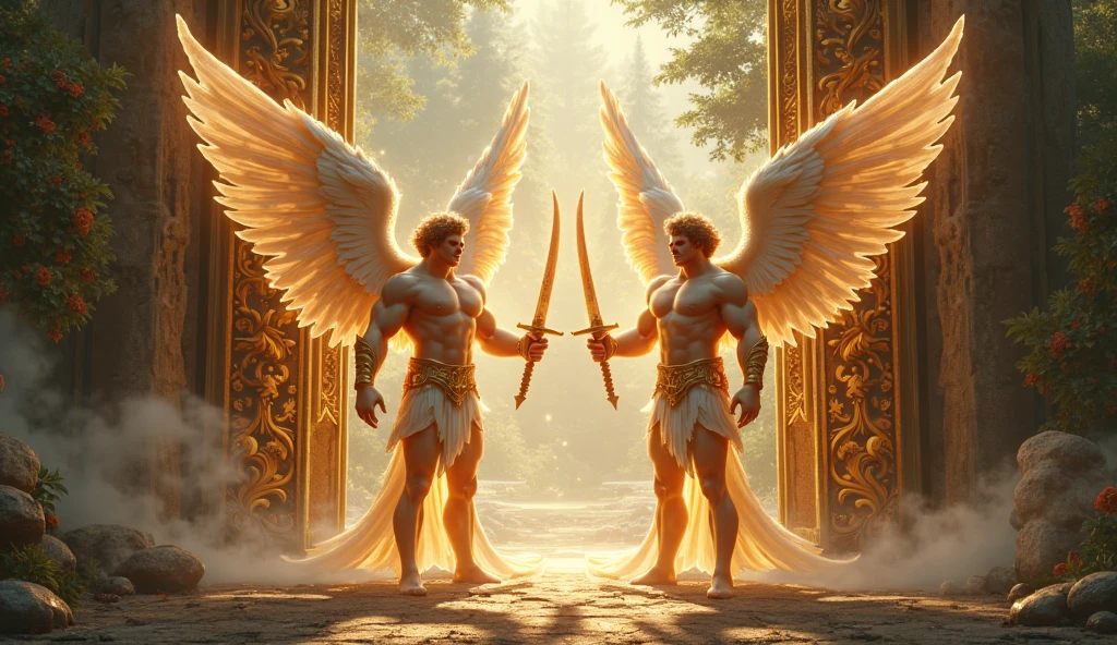 The image would have the interior of Solomon's Temple with two large golden cherub statues. They would be standing, side-by-side, com suas asas abertas, touching both the temple walls and each other's wings. Ao fundo, the walls would be richly decorated and a curtain of blue fabric, purple and crimson, embroidered with cherubs, would separate the sacred space. The scene would exude grandeur and sacredness, reflecting the divine presence.