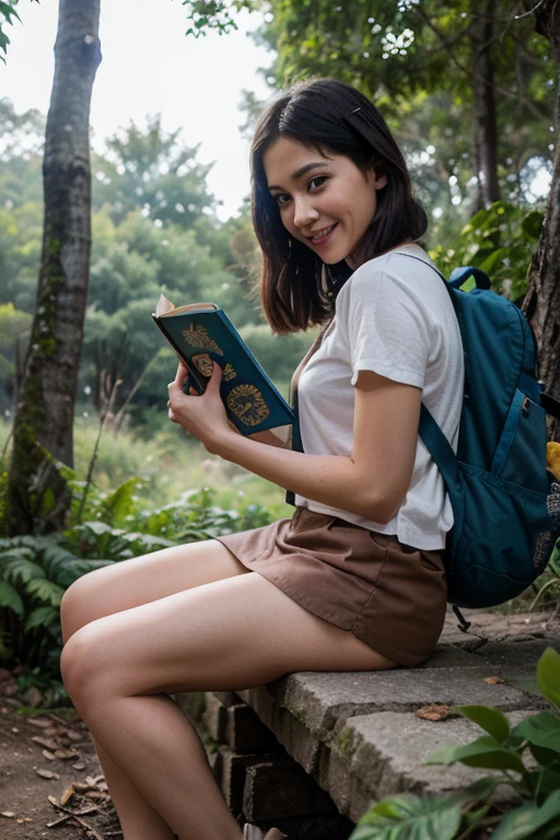 Young sits on the grass reading a book, long black curly hair, wearing glasses, delicate smile, bright brown eyes, looking up at the sky, lamp light, whole body, under a huge tree, farther view, a tent in the background, starry sky, illuminated night, photographic effect, 8k, super detailed, hyper realistic.