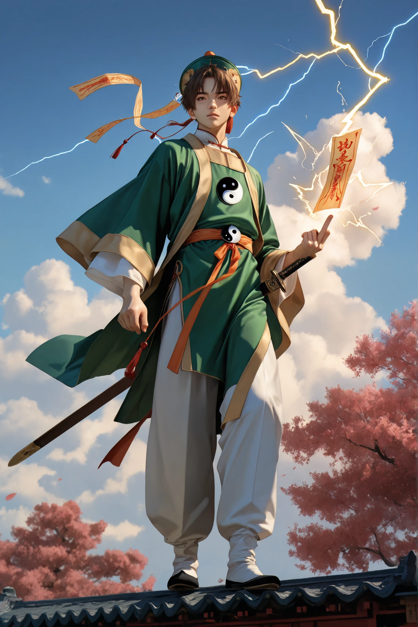 (masterpiece, absurdres, realistic:1.2), (photorealistic:1.5), best quality, Ultra High Resolution, 1boy, RiShaoran, japanese boy, very handsome, perfect face, cute face, intricate detail, clear and beautiful detailed eyes, detailed skin, pale skin,
male focus, solo, brown hair, brown eyes, hat, green headwear, chinese clothes, shirt, white shirt, pants, white pants, robe, green robe, yin yang, long sleeves, wide sleeves, perfect hand, the index and middle fingers of the right hand holding a vertical talisman (the talisman has four large chinese characters "雷帝招來" in the middle, lightning magic flashes around it), left hand holding a sword, Excellent body proportions, perfect anatomy, dynamic pose, full body,
outdoor, sky, cloud, flower, tree, cinematic composition, soft lighting, Cinematic Lighting, deep shadows, Bright colors,