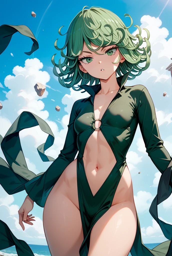 NSFW, (girl),((optimal quality)), ((Masterpiece)), (A detailed: 1.4),face red,perspire,showing niples, fully naked,The ultimate masterpiece,(fidelity:1.2),(sexy),open air bath, (Huge chest), Open crotch, Open legs, (Smooth: 1.1), (Cutes: 0.9), (shiny: 1.1). Green short hair,, red lips, green eyes, lust face, tatsumaki from one punch man, naked, cute pose, dark green super small tight bikini thong, g string, beautiful big natural tits
