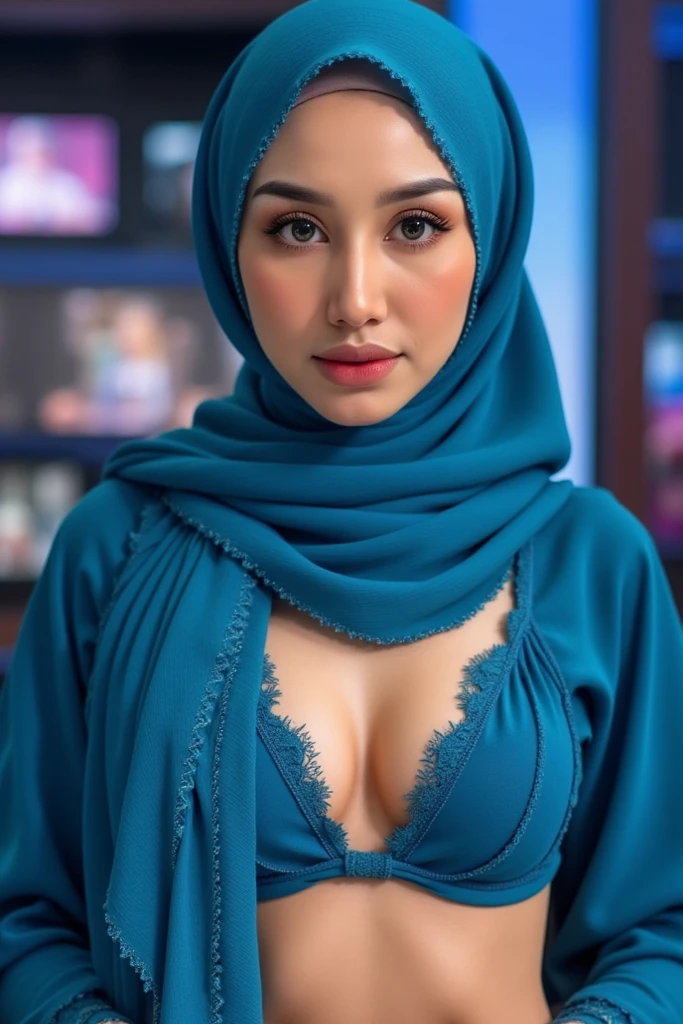 raw, best quality, high resolution, Masterpiece: 1.3), Beautiful Malaysian woman in hijab (I:0.8),looking at the audience,Portrait photography of a beautiful Malaysian girl in a hijab., big breast,Detailed eyes, standing on stage naked, Diffuse light, depth of field