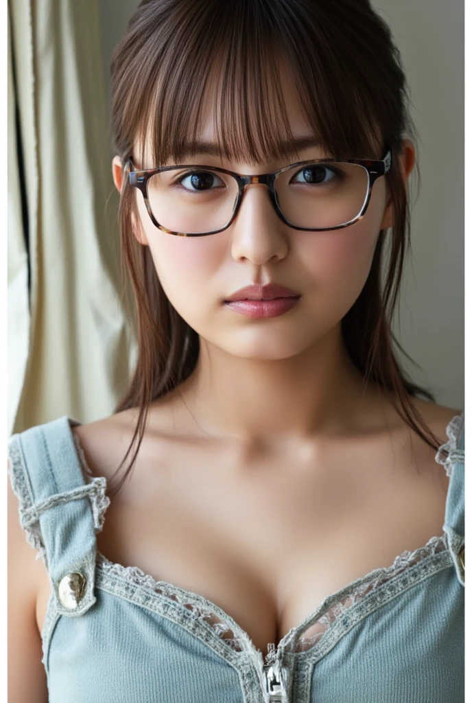 highest quality, Soft Light, Ultra-high resolution, (Realistic:1.4), RAW Photos,
1 Japanese girl, alone, cute, (pupil, light in your eyes), Beautiful face in every detail,(High resolution detail of human skin texture),
(ponytail、White teeth),
indoor,Round Glasses、
((White camisole,Waist up shot))