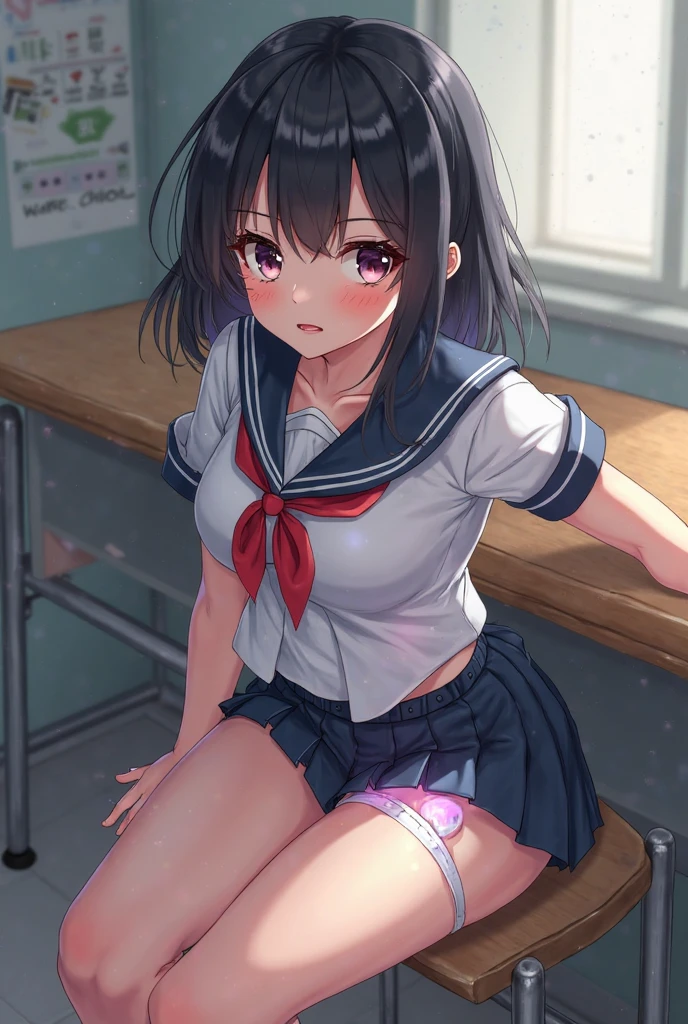 nsfw,alone, (One girl), Elementary school girl,8-year-old, ((全naked)), (naked）,  sexy, (Cowboy Shot),  (wearing only the top half of sailor school uniform), Sailor with un-folded hems, ((Put your arms behind your head)), classroom, With a girl：hair is black and short, Her face is round and cute, Black Hair, Low twin tails,(Shy, Embarrassing),(Sit on a chair)、Spread your legs、Beautiful nipples,Small breasts、(bukkake,Bukkake),((cum on bodybukkake,cum in Pussy,creampie)),